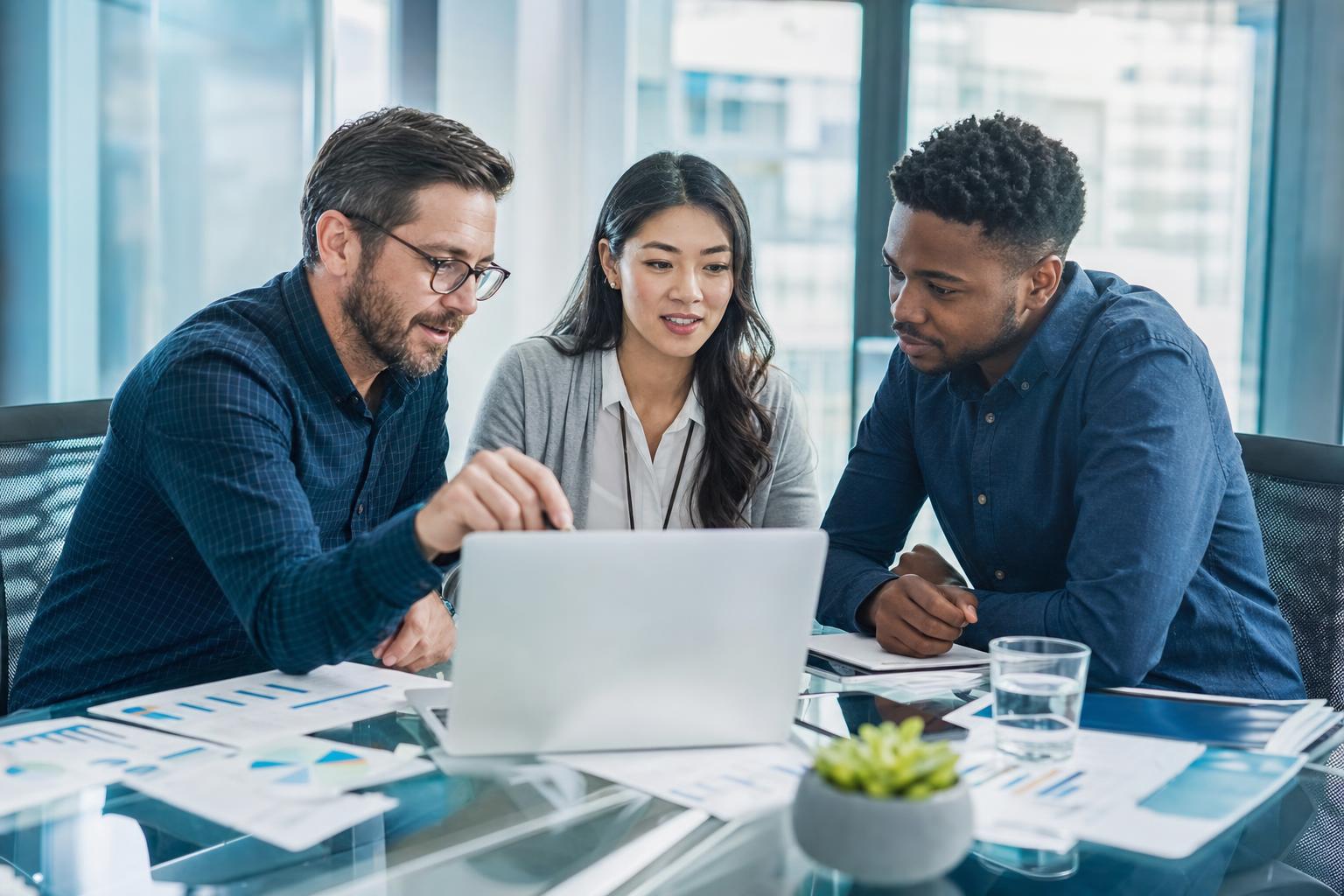 A hiring team reviewing recruitment plans together